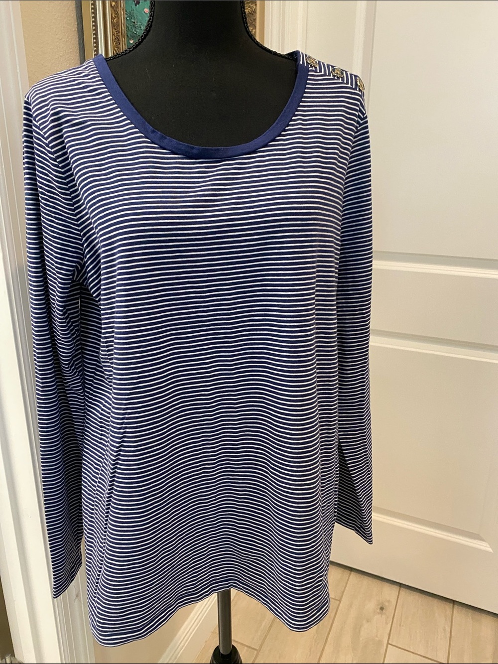 Jones New York Navy & White Striped Long Sleeve Tee